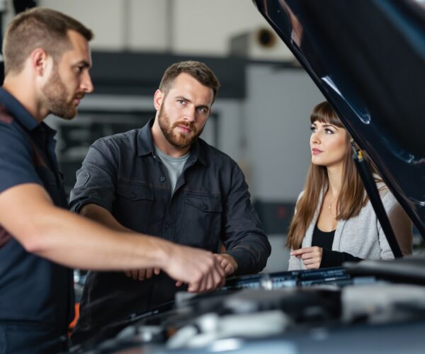 Mécaniciens examinant le moteur d’une voiture avec une cliente dans un garage