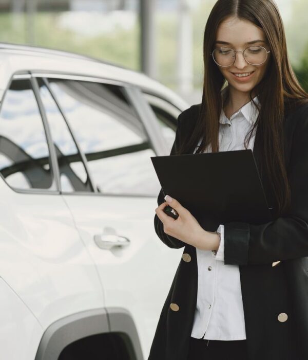 Femme avec tablette devant un SUV blanc en concession