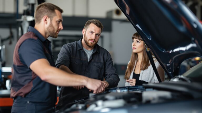 Mécaniciens examinant le moteur d’une voiture avec une cliente dans un garage